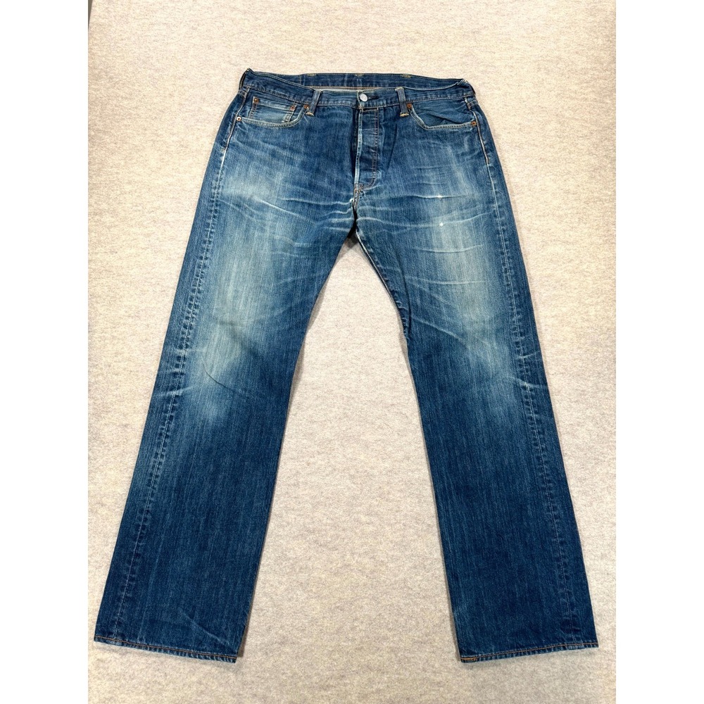 Levi's 501 Straight Leg Jeans Mens 38x34 Blue Denim Faded Whiskering Button Fly